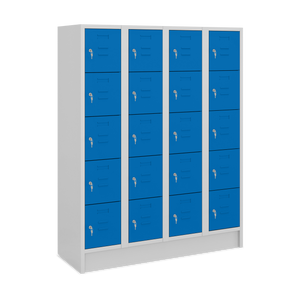 Fächersäule, 1800 mm hoch, 5 Fächerschränke aufeinander, Zylinderschloss, 350 mm Abteilbreite, 4 Abteile, Korpus Lichtgrau (RAL 7035), Türen Enzianblau (RAL 5010).